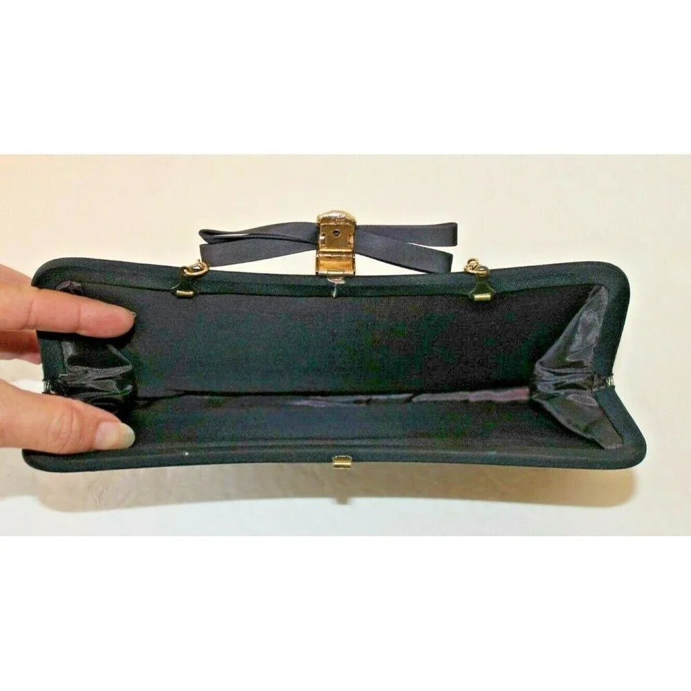 Black Evening Bag Vintage Clutch Purse Gold Chain Ornate Clasp
